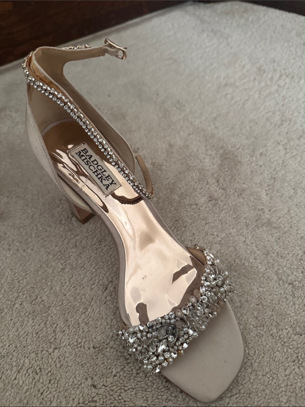 Badgley Mischka Champagne Crystal Embellished Ankle-Strap Heel